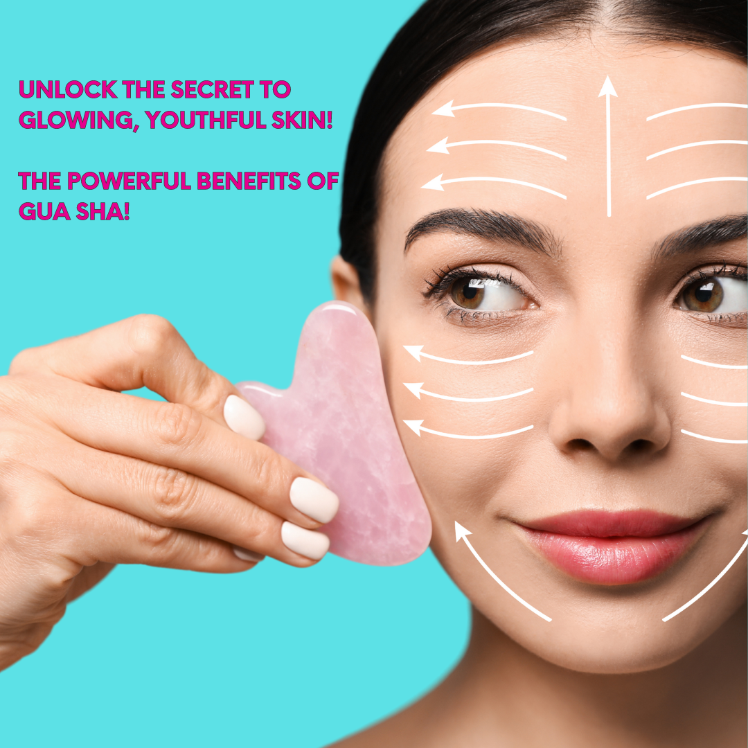 Woman using a gua sha tool for facial massage to reduce puffiness and improve circulation.